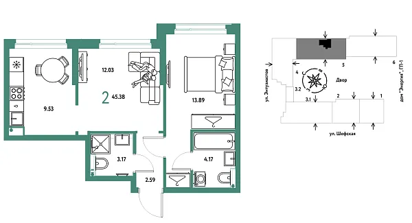 Новая 2-к квартира
 45.38 м² на 12/24 этаже в ЖК «Страна.Энтузиастов» в городе Тюмень 