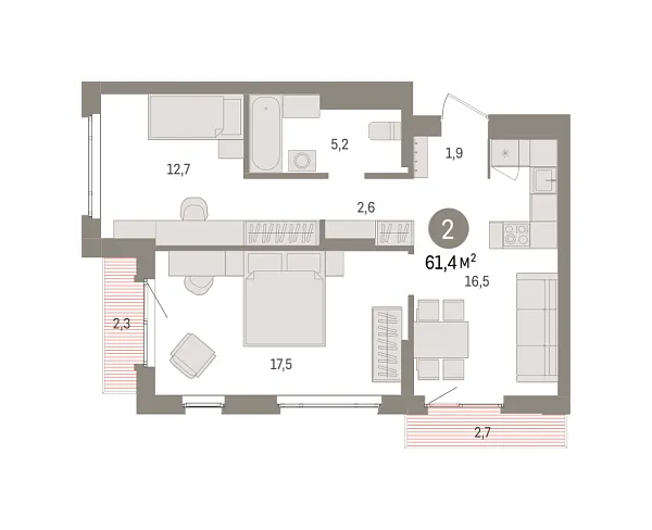 Новая 2-к квартира
 61.4 м² на 13/16 этаже в ЖК «Квартал «Траектория»» в городе Тюмень 