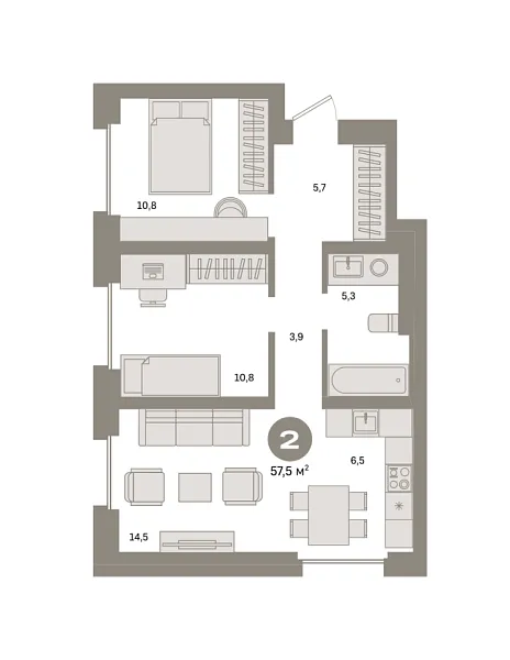Новая 2-к квартира
 57.5 м² на 16/31 этаже в ЖК «Квартал «Метроном»» в городе Тюмень 