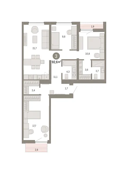 Новая 3-к квартира
 92.6 м² на 8/9 этаже в ЖК «Южные кварталы» в городе Тюмень 
