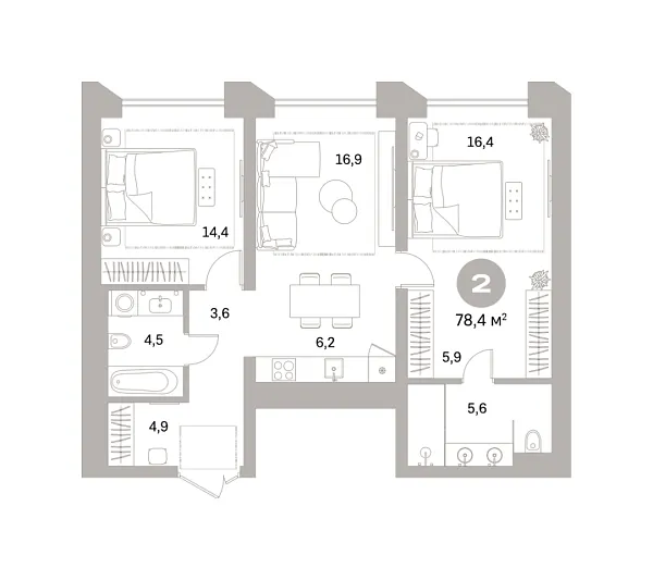 Новая 2-к квартира
 78.39 м² на 4/25 этаже в ЖК «Гоголя 21» в городе Тюмень 