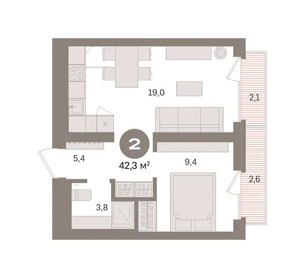 Новая 1-к квартира
 42.3 м² на 3/9 этаже в ЖК «Брусника в Академическом» в городе Тюмень 
