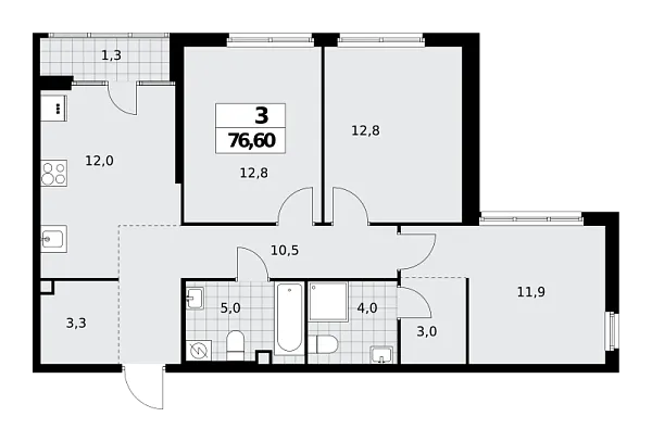 Новая 3-к квартира
 76.6 м² на 2/16 этаже в ЖК «Дом на Зорге» в городе Тюмень 