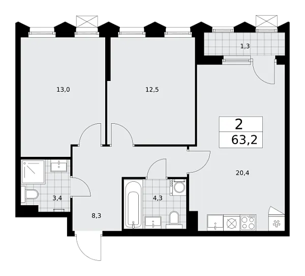 Новая 2-к квартира
 63.2 м² на 11/16 этаже в ЖК «Деснаречье» в городе Тюмень 
