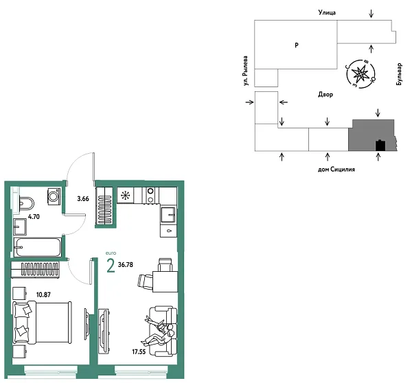 Новая 2-к квартира
 36.78 м² на 3/24 этаже в ЖК «Остров-сад» в городе Тюмень 