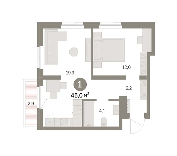 Новая 1-к квартира
 44.98 м² на 5/9 этаже в ЖК «Шишимская горка» в городе Тюмень 