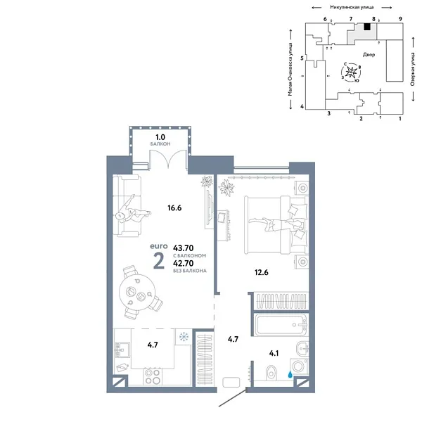 Новая 2-к квартира
 43.7 м² на 4/30 этаже в ЖК «Страна.Озёрная» в городе Тюмень 