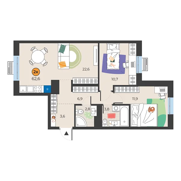 Новая 2-к квартира
 62.3 м² на 6/25 этаже в ЖК «Корней» в городе Тюмень 