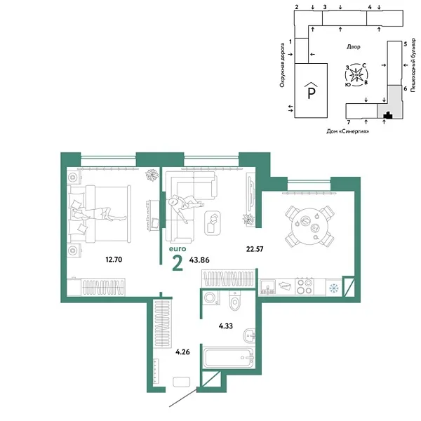 Новая 2-к квартира
 43.86 м² на 10/16 этаже в ЖК «Юнион» в городе Тюмень 