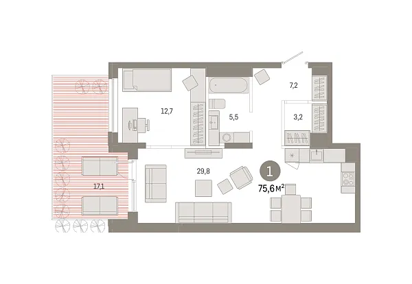 Новая 1-к квартира
 75.55 м² на 1/17 этаже в ЖК «Республики 205» в городе Тюмень 