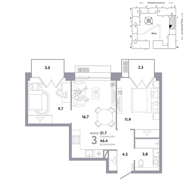Новая 3-к квартира
 51.7 м² на 10/38 этаже в ЖК «Страна.Заречная» в городе Тюмень 