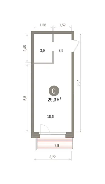 Количество комнат: Студия,  29.3 кв.м.