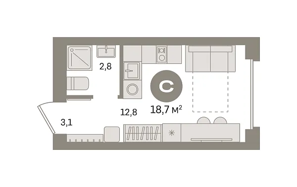 Новая квартира-студия
 18.66 м² на 7/8 этаже в ЖК «Первый квартал» в городе Тюмень 