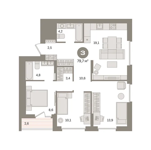 Новая 3-к квартира
 79.73 м² на 13/17 этаже в ЖК «Первый квартал» в городе Тюмень 