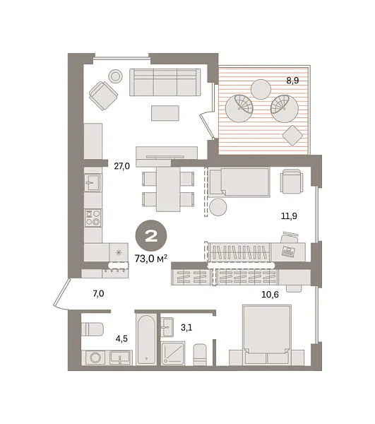Новая 2-к квартира
 72.95 м² на 16/17 этаже в ЖК «Первый квартал» в городе Тюмень 