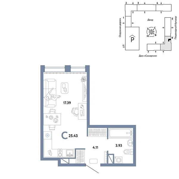 Новая квартира-студия
 25.43 м² на 14/16 этаже в ЖК «Юнион» в городе Тюмень 