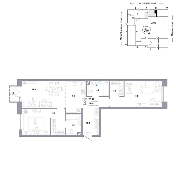 Новая 3-к квартира
 78.9 м² на 4/30 этаже в ЖК «Страна.Озёрная» в городе Тюмень 