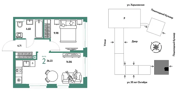 Новая 2-к квартира
 36.23 м² на 25/25 этаже в ЖК «Сердце Сибири» в городе Тюмень 