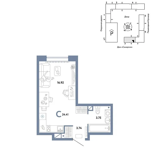Новая квартира-студия
 24.41 м² на 3/16 этаже в ЖК «Юнион» в городе Тюмень 