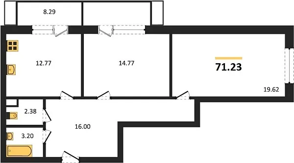 Новая 2-к квартира
 71.23 м² на 1/8 этаже в ЖК «Сады у моря» в городе Тюмень 