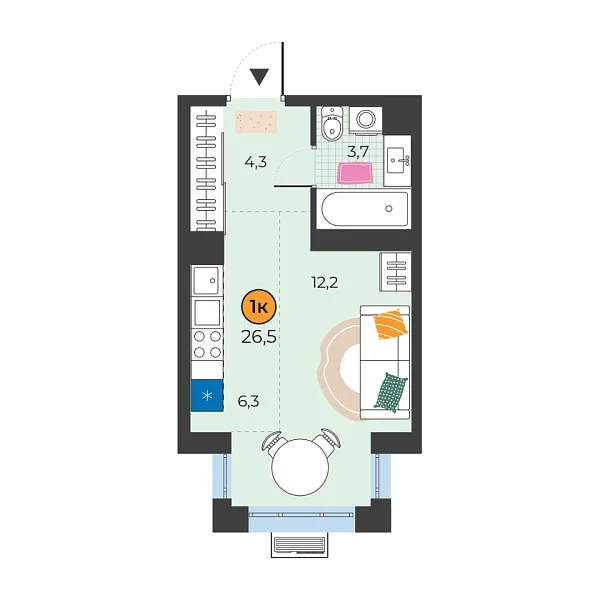 Новая квартира-студия
 26.5 м² на 9/25 этаже в ЖК «Корней» в городе Тюмень 