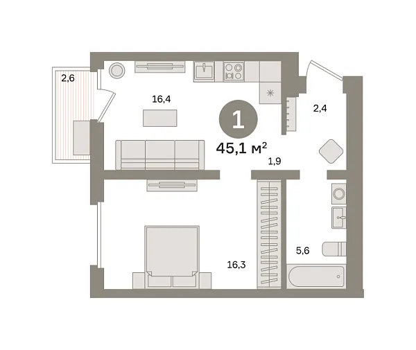Новая 1-к квартира
 45.13 м² на 9/9 этаже в ЖК «Зарека» в городе Тюмень 