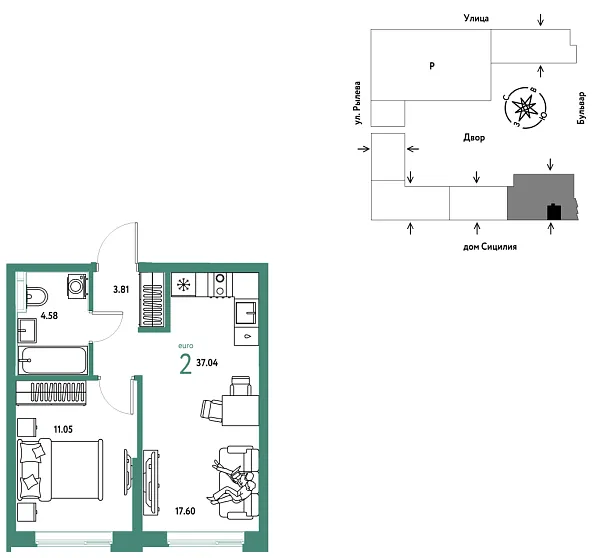Новая 2-к квартира
 37.04 м² на 14/24 этаже в ЖК «Остров-сад» в городе Тюмень 