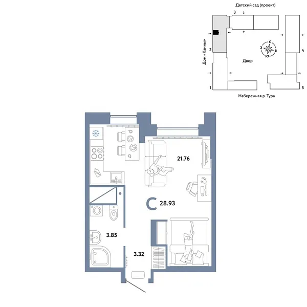 Новая квартира-студия
 28.93 м² на 15/25 этаже в ЖК «Европейский берег 2.0» в городе Тюмень 