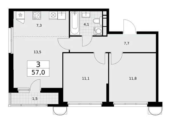 Новая 3-к квартира
 57 м² на 7/10 этаже в ЖК «Родные кварталы» в городе Тюмень 