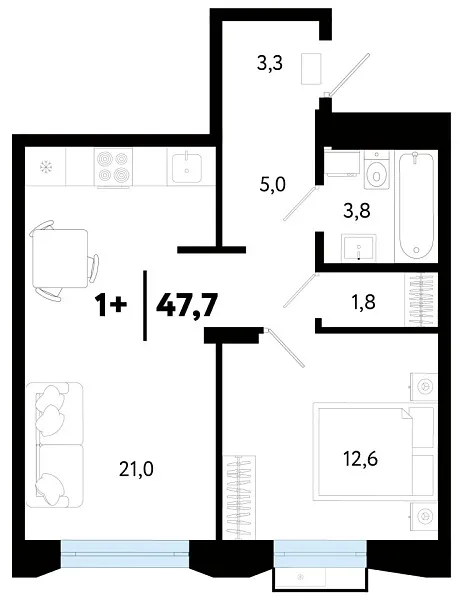 Новая 1-к квартира
 47.74 м² на 12/25 этаже в ЖК «Кедровый берег» в городе Тюмень 