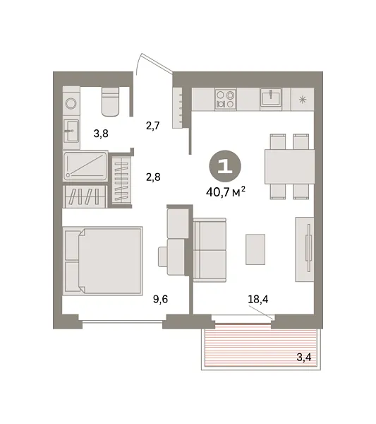 Новая 1-к квартира
 40.7 м² на 5/9 этаже в ЖК «Квартал «Депо»» в городе Тюмень 