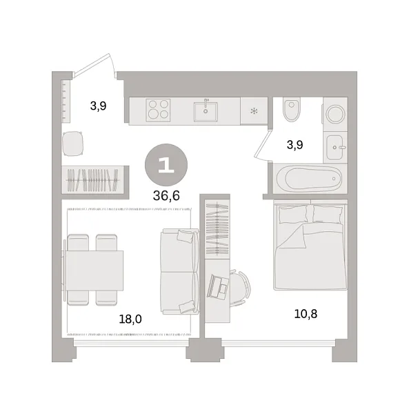 Новая 1-к квартира
 36.6 м² на 16/21 этаже в ЖК «Дом «А»» в городе Тюмень 