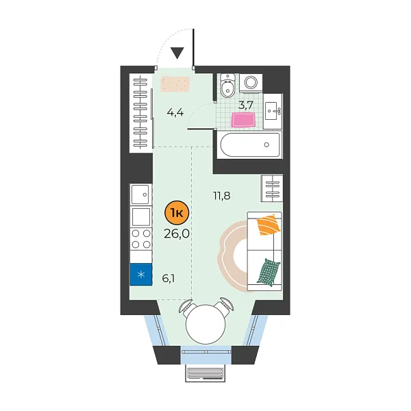 Новая квартира-студия
 26 м² на 15/25 этаже в ЖК «Корней» в городе Тюмень 