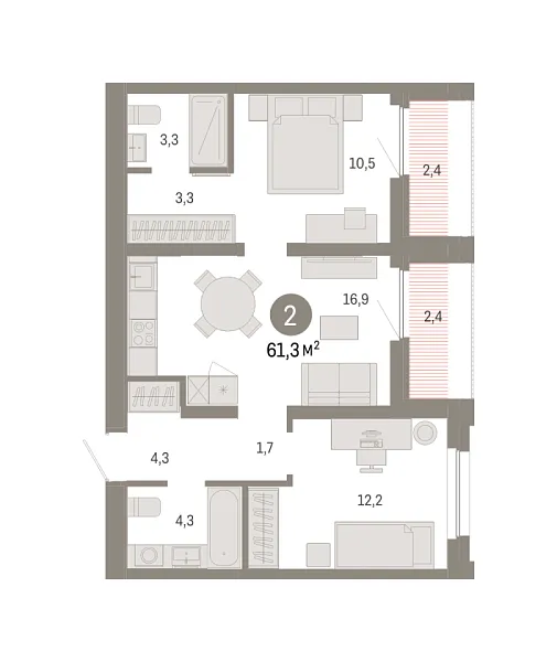 Новая 2-к квартира
 62.66 м² на 8/8 этаже в ЖК «Зарека» в городе Тюмень 