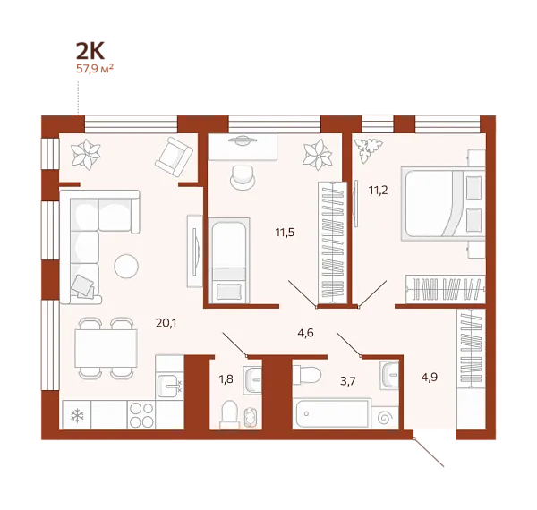 Новая 2-к квартира
 57.89 м² на 11/14 этаже в ЖК «ЖК Новатор» в городе Тюмень 