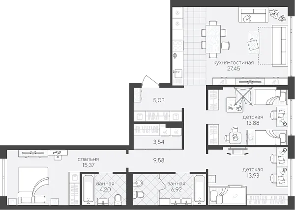 Новая 3-к квартира
 99.9 м² на 2/4 этаже в ЖК «Скандиа. Квартал у Озера» в городе Тюмень 