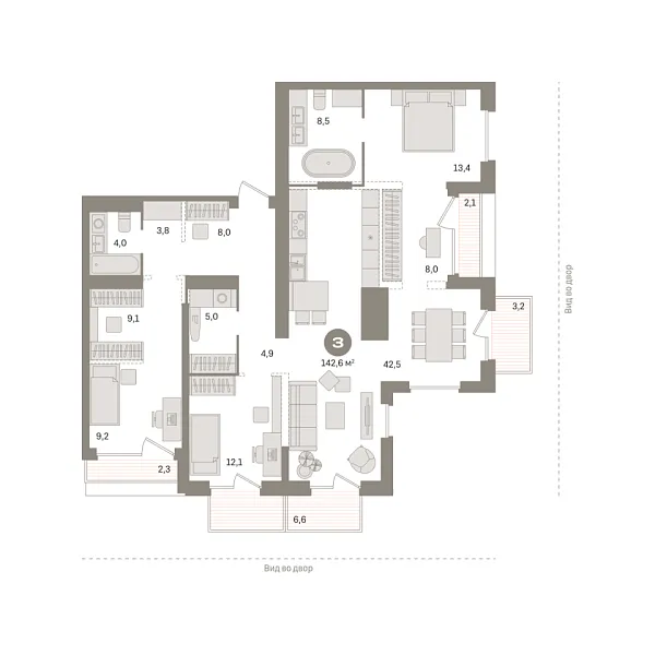 Новая 3-к квартира
 142.6 м² на 24/25 этаже в ЖК «Октябрьский на Туре» в городе Тюмень 