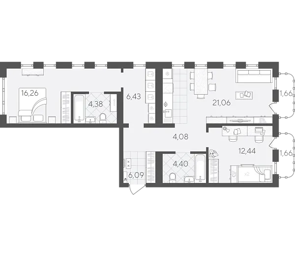 Новая 2-к квартира
 78.46 м² на 8/24 этаже в ЖК «Скандиа. Квартал в Слободе» в городе Тюмень 
