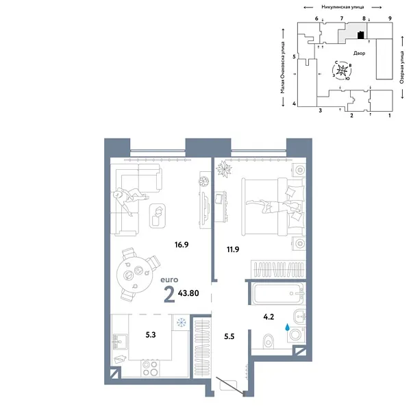 Новая 2-к квартира
 43.8 м² на 4/30 этаже в ЖК «Страна.Озёрная» в городе Тюмень 