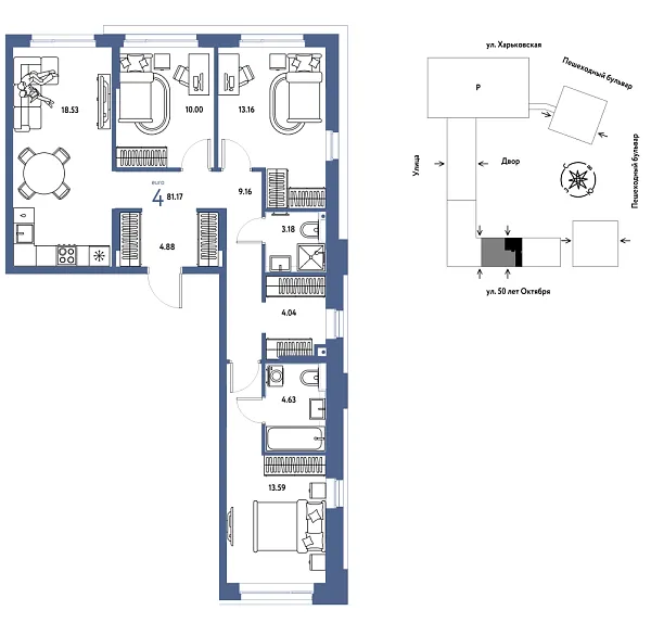 Новая 4-к квартира
 81.17 м² на 3/25 этаже в ЖК «Сердце Сибири» в городе Тюмень 