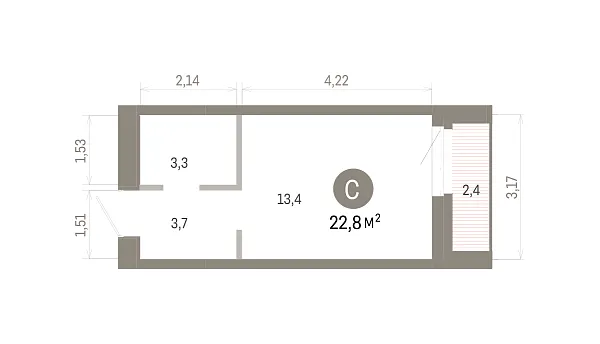 Количество комнат: Студия,  22.8 кв.м.