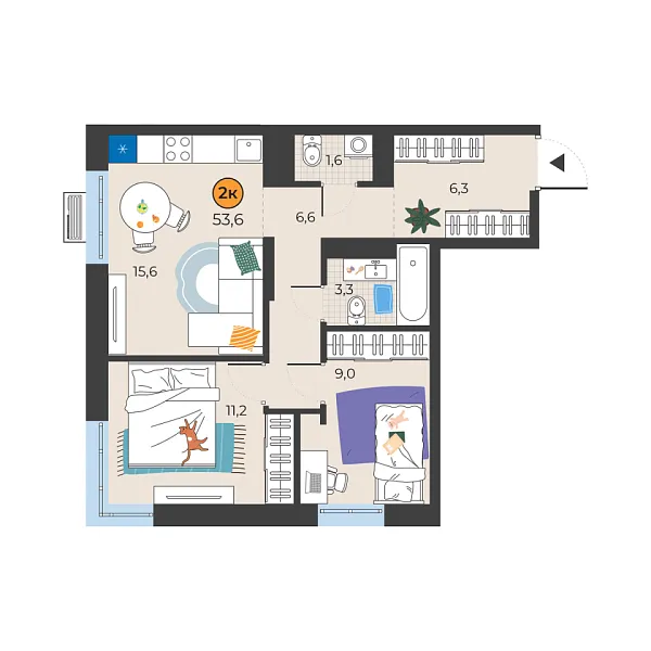 Новая 2-к квартира
 53.6 м² на 5/25 этаже в ЖК «Корней» в городе Тюмень 