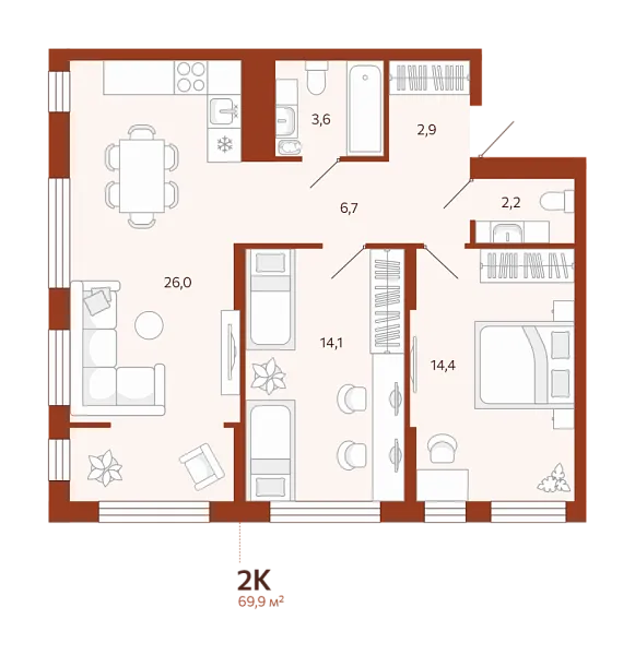 Новая 2-к квартира
 69.91 м² на 9/14 этаже в ЖК «ЖК Новатор» в городе Тюмень 