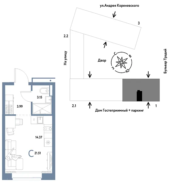 Новая квартира-студия
 21.51 м² на 4/13 этаже в ЖК «Домашний» в городе Тюмень 