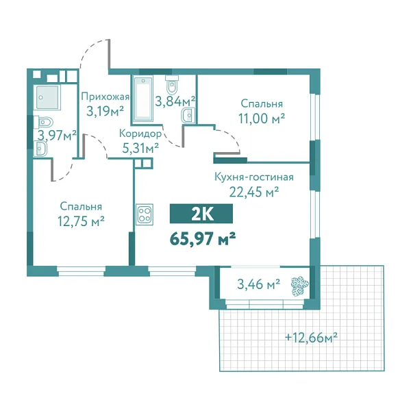 Новая 2-к квартира
 65.97 м² на 1/10 этаже в ЖК «Акватория» в городе Тюмень 