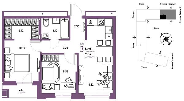 Новая 3-к квартира
 53.95 м² на 3/15 этаже в ЖК «Домашний» в городе Тюмень 