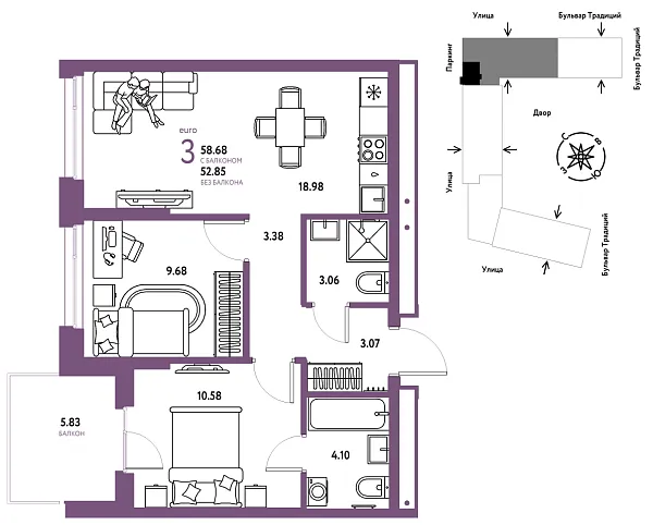 Новая 3-к квартира
 58.68 м² на 3/15 этаже в ЖК «Домашний» в городе Тюмень 