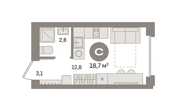 Новая квартира-студия
 18.66 м² на 7/9 этаже в ЖК «Первый квартал» в городе Тюмень 