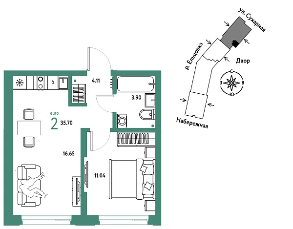 Новая 2-к квартира
 35.7 м² на 28/29 этаже в ЖК «Страна.Береговая» в городе Тюмень 