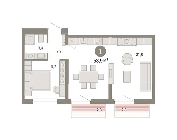 Новая 1-к квартира
 53.89 м² на 9/9 этаже в ЖК «Южные кварталы» в городе Тюмень 